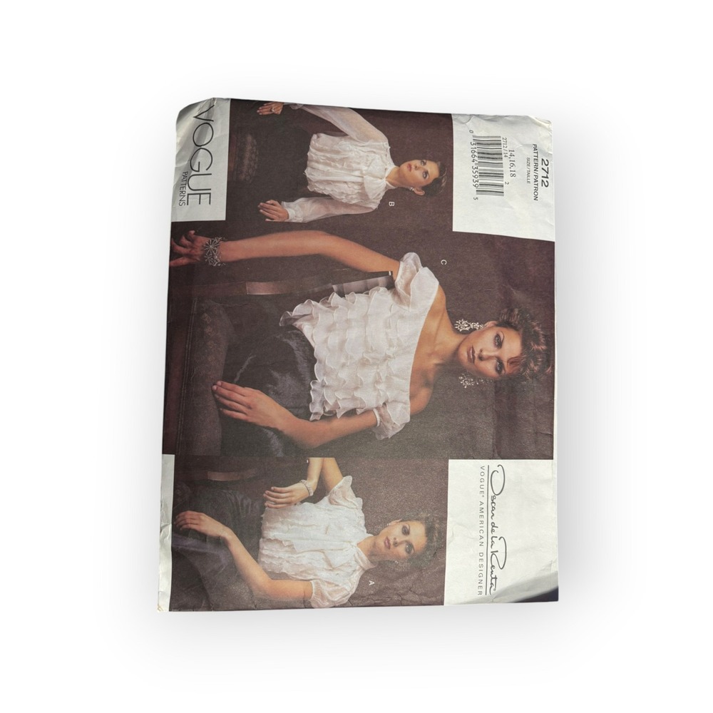 Oscar de la Renta Vogue Pattern 2712 Blouse Ruffle Bow White Good Uncut 14-18